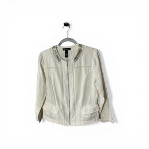 INC 100% Ivory Beaded Embellished Lightweight Linen Jacket Layer Resort Sz M